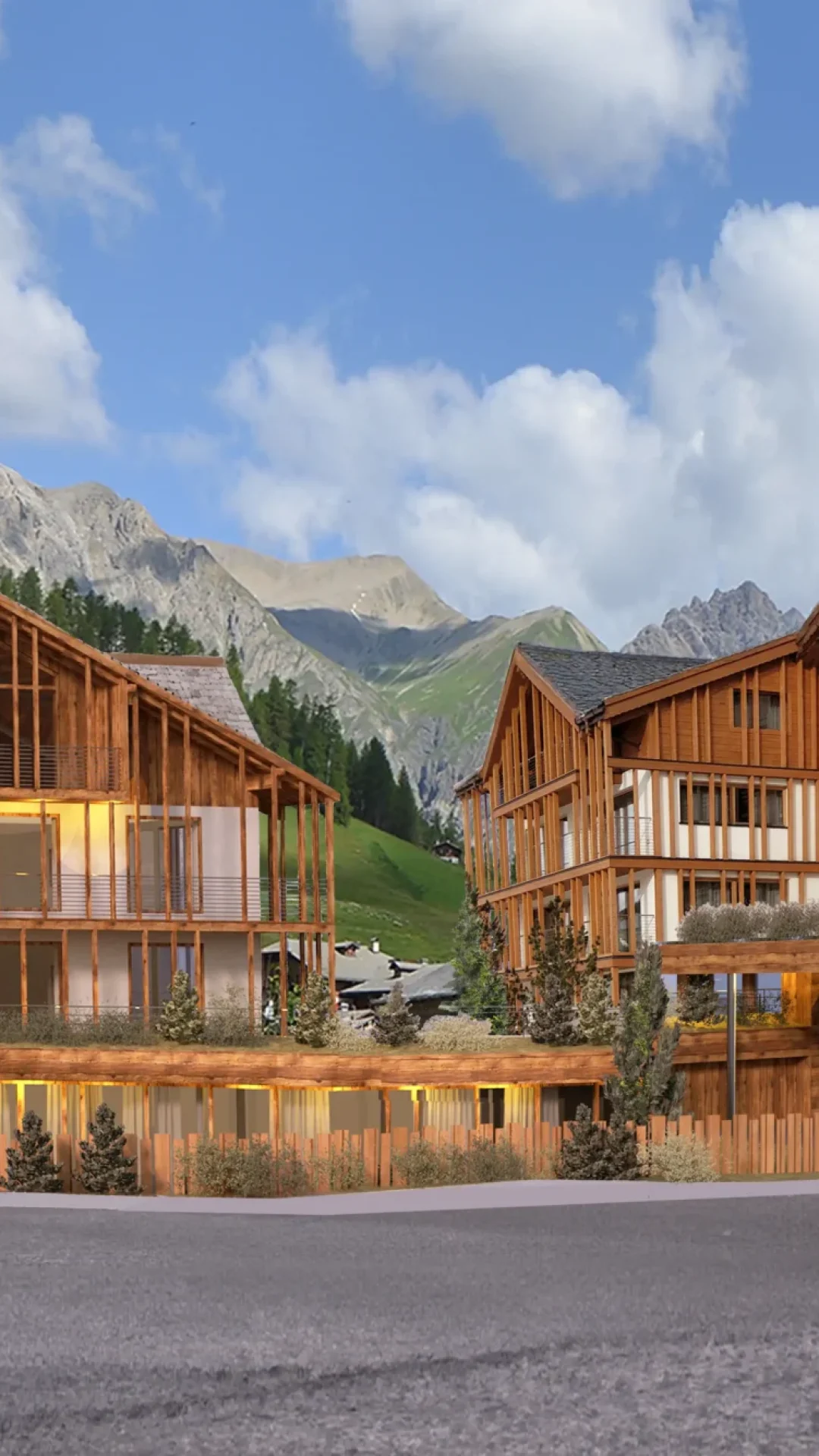 Chalet alpino in legno con montagne sullo sfondo.